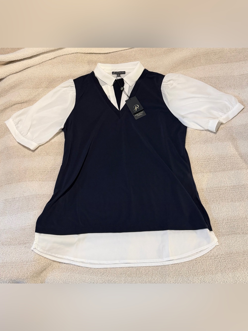 Adrianna Papell Navy and White V-Neck Layered Blouse